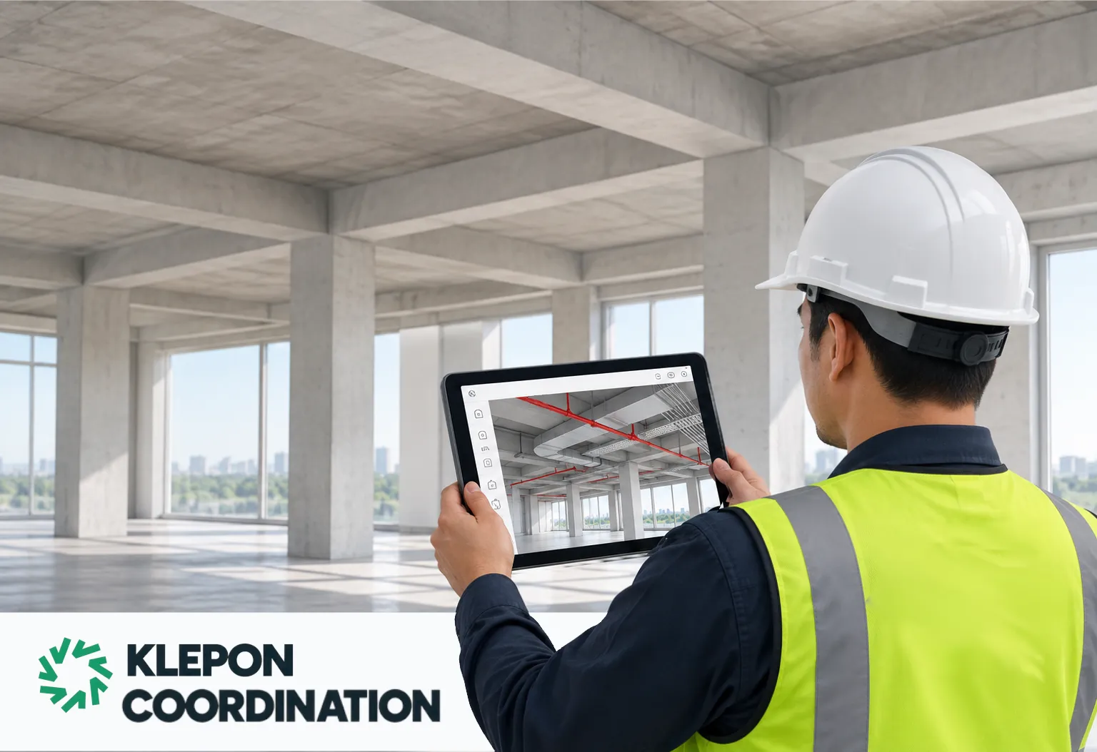 Site engineer checking the coordinated 3D pipe model on a tablet